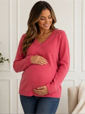 Mimi Maternity 100% Cashmere Sweater Women’s M Pink V-Neck Long Sleeve